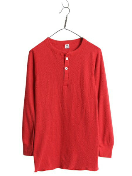 70s USA製 ヘインズ ヘンリーネック サーマル 長袖 Tシャツ メンズ L ヴィンテージ ロンT ワッフル ロングTシャツ 無地 インナー 黒タグ 赤