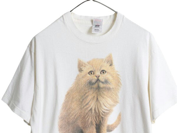 90s USA製 ネコ イラスト プリント Tシャツ メンズ レディース L / オールド アニマル 猫 アート グラフィック コットン ヘビーウェイト 白