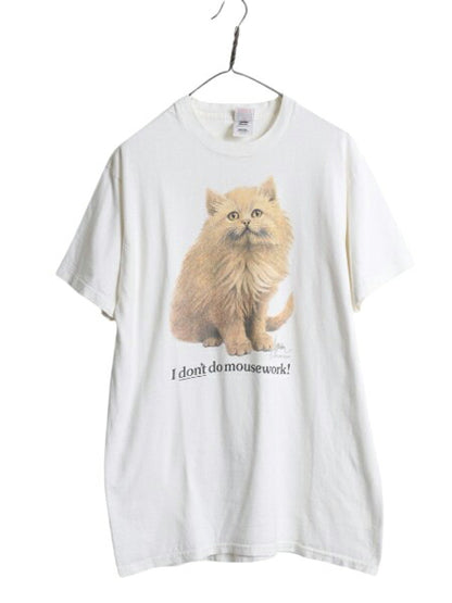 90s USA製 ネコ イラスト プリント Tシャツ メンズ レディース L / オールド アニマル 猫 アート グラフィック コットン ヘビーウェイト 白