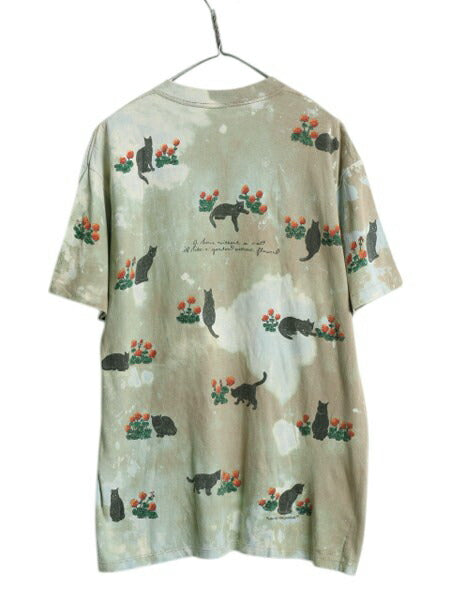 90s USA製 rel e vant products ネコ イラスト プリント タイダイ 半袖 Tシャツ メンズ L / オールド アート グラフィック アニマル 総柄