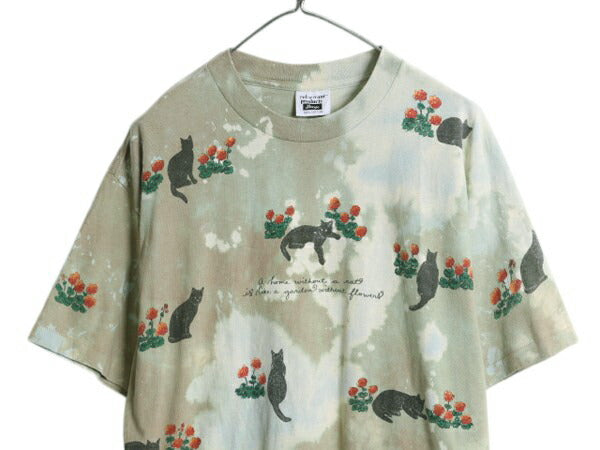 90s USA製 rel e vant products ネコ イラスト プリント タイダイ 半袖 Tシャツ メンズ L / オールド アート グラフィック アニマル 総柄