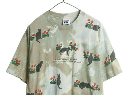 90s USA製 rel e vant products ネコ イラスト プリント タイダイ 半袖 Tシャツ メンズ L / オールド アート グラフィック アニマル 総柄