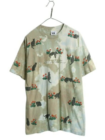 90s USA製 rel e vant products ネコ イラスト プリント タイダイ 半袖 Tシャツ メンズ L / オールド アート グラフィック アニマル 総柄