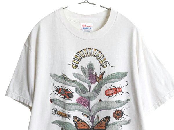 90s 虫 昆虫 アート イラスト プリント Tシャツ メンズ L 古着 オールド 植物 グラフィック ヘビーウェイト ヘインズ ホワイト 昆虫標本 白