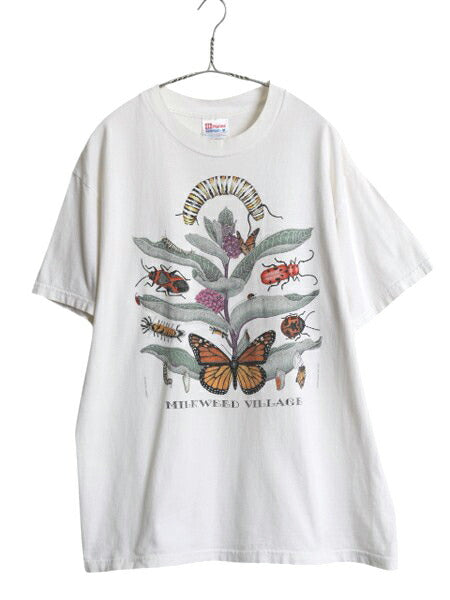 90s 虫 昆虫 アート イラスト プリント Tシャツ メンズ L 古着 オールド 植物 グラフィック ヘビーウェイト ヘインズ ホワイト 昆虫標本 白