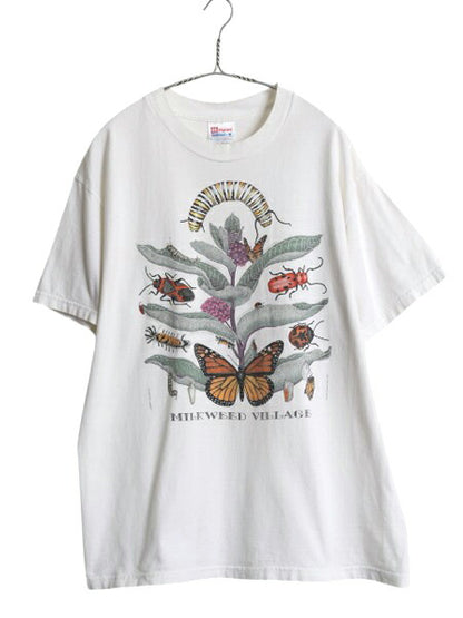 90s 虫 昆虫 アート イラスト プリント Tシャツ メンズ L 古着 オールド 植物 グラフィック ヘビーウェイト ヘインズ ホワイト 昆虫標本 白