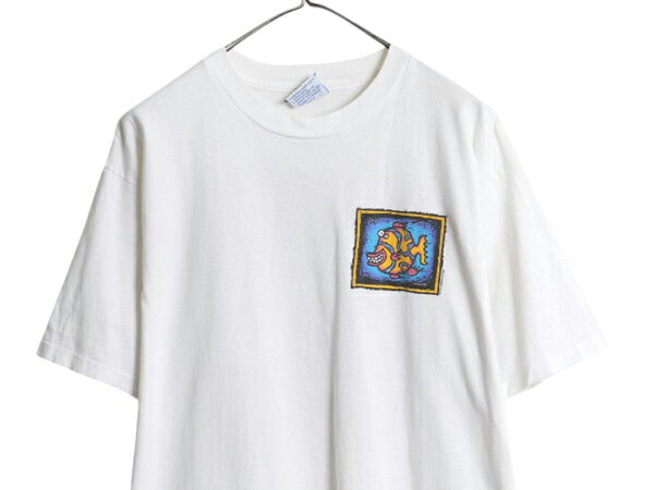 90s USA製 フィッシュ アート グラフィック プリント Tシャツ メンズ L 古着 オールド 絵画 イラスト ヘビーウェイト シングルステッチ 白