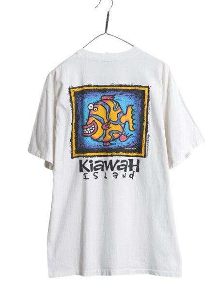 90s USA製 フィッシュ アート グラフィック プリント Tシャツ メンズ L 古着 オールド 絵画 イラスト ヘビーウェイト シングルステッチ 白