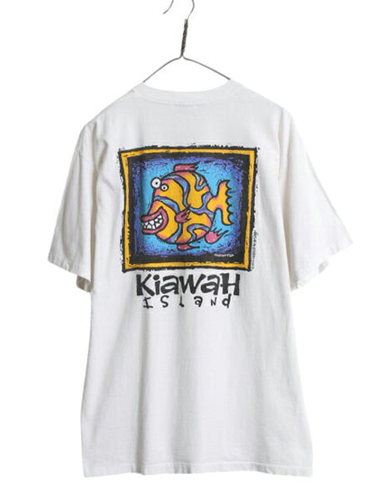 90s USA製 フィッシュ アート グラフィック プリント Tシャツ メンズ L 古着 オールド 絵画 イラスト ヘビーウェイト シングルステッチ 白