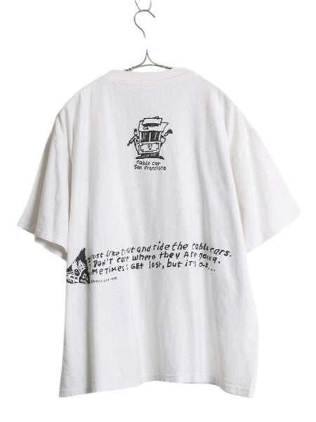 90s USA製 ケーブルカー 両面 イラスト プリント 半袖 Tシャツ メンズ L 程 オールド アート グラフィック メッセージ シングルステッチ 白