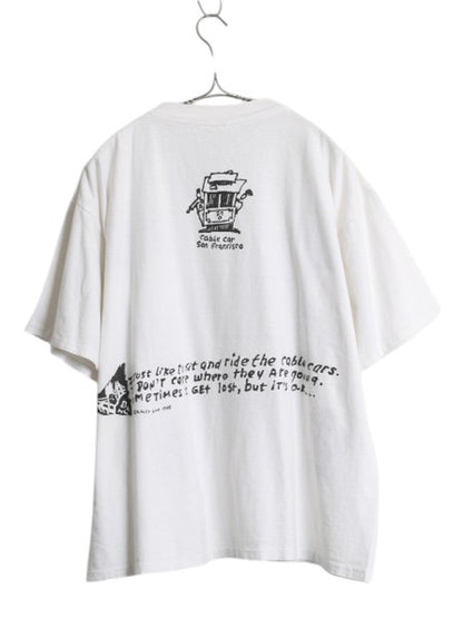 90s USA製 ケーブルカー 両面 イラスト プリント 半袖 Tシャツ メンズ L 程 オールド アート グラフィック メッセージ シングルステッチ 白