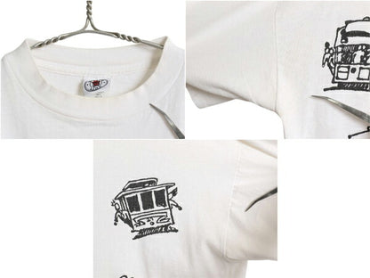 90s USA製 ケーブルカー 両面 イラスト プリント 半袖 Tシャツ メンズ L 程 オールド アート グラフィック メッセージ シングルステッチ 白