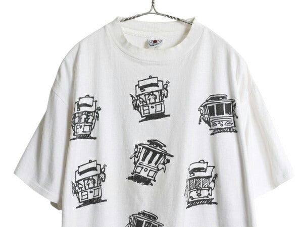 90s USA製 ケーブルカー 両面 イラスト プリント 半袖 Tシャツ メンズ L 程 オールド アート グラフィック メッセージ シングルステッチ 白
