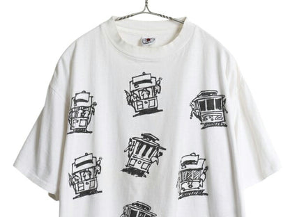 90s USA製 ケーブルカー 両面 イラスト プリント 半袖 Tシャツ メンズ L 程 オールド アート グラフィック メッセージ シングルステッチ 白