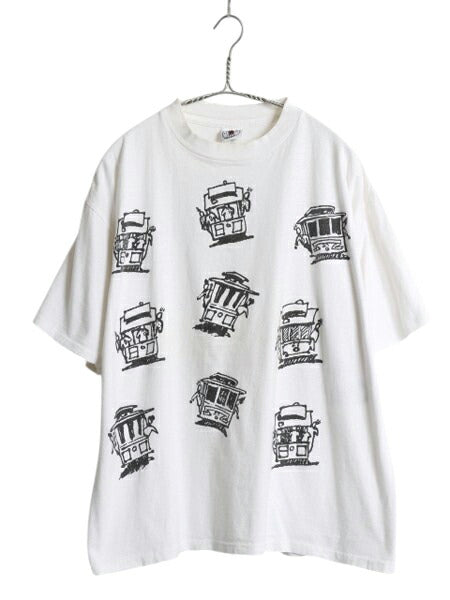 90s USA製 ケーブルカー 両面 イラスト プリント 半袖 Tシャツ メンズ L 程 オールド アート グラフィック メッセージ シングルステッチ 白