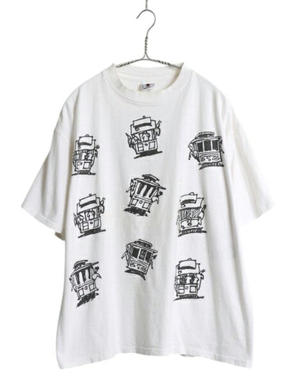 90s USA製 ケーブルカー 両面 イラスト プリント 半袖 Tシャツ メンズ L 程 オールド アート グラフィック メッセージ シングルステッチ 白