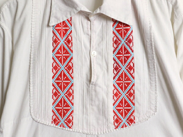 1点物 70s 長袖 シャツ メンズ レディース M ヴィンテージ ハンドメイド 刺繍 プルオーバー チュニック ボックス ボヘミアン フォークロア