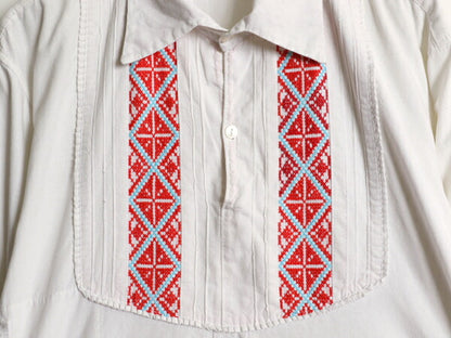 1点物 70s 長袖 シャツ メンズ レディース M ヴィンテージ ハンドメイド 刺繍 プルオーバー チュニック ボックス ボヘミアン フォークロア