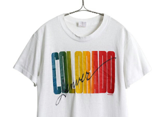 80s USA製 レインボー プリント 半袖 Tシャツ M メンズ レディース S 古着 ヴィンテージ スーベニア シングルステッチ グラフィック 白
