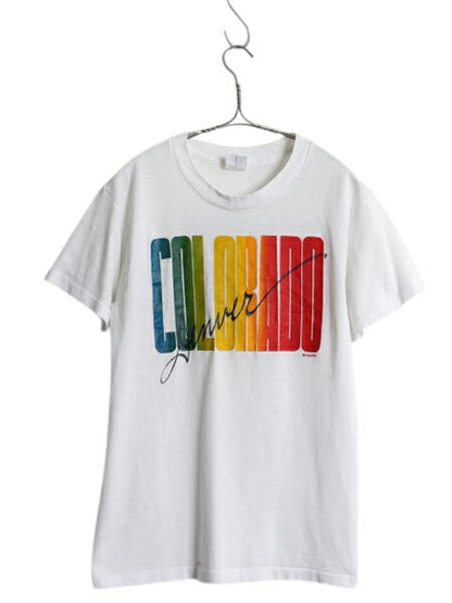 80s USA製 レインボー プリント 半袖 Tシャツ M メンズ レディース S 古着 ヴィンテージ スーベニア シングルステッチ グラフィック 白