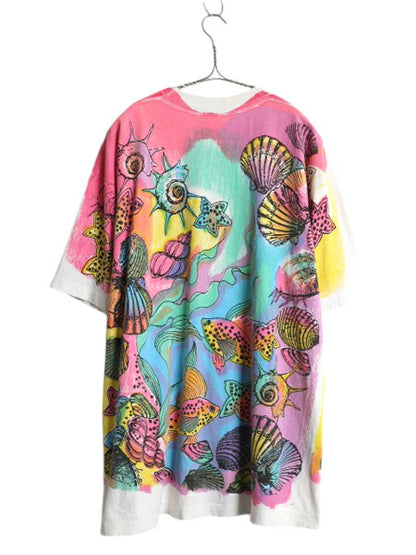90s オールオーバー プリント 半袖 Tシャツ メンズ XL / オールド グラフィック アート イラスト 大判 総柄 オーバープリント 大きいサイズ