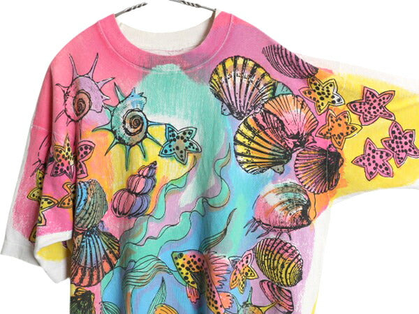 90s オールオーバー プリント 半袖 Tシャツ メンズ XL / オールド グラフィック アート イラスト 大判 総柄 オーバープリント 大きいサイズ