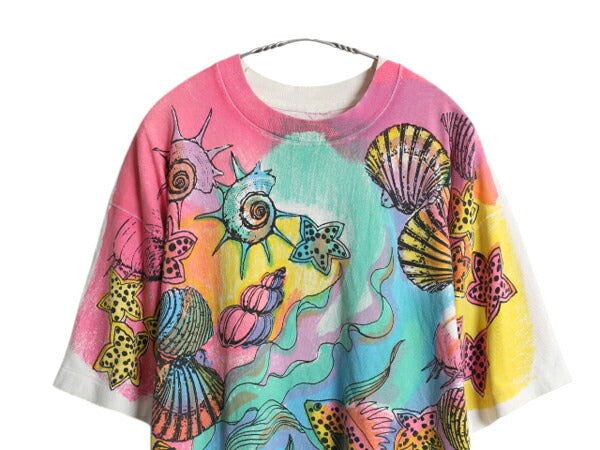90s オールオーバー プリント 半袖 Tシャツ メンズ XL / オールド グラフィック アート イラスト 大判 総柄 オーバープリント 大きいサイズ