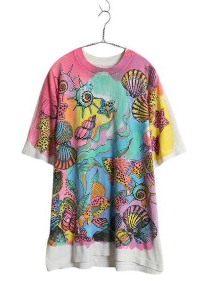 90s オールオーバー プリント 半袖 Tシャツ メンズ XL / オールド グラフィック アート イラスト 大判 総柄 オーバープリント 大きいサイズ