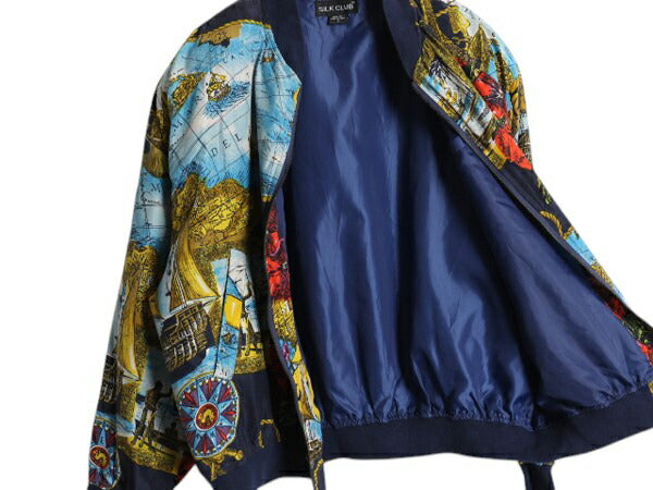 00s ハワイアン 総柄 シルク ジャケット メンズ レディース S / オールド ボンバー ブルゾン ジャンパー フルジップ アロハ 地図 イラスト
