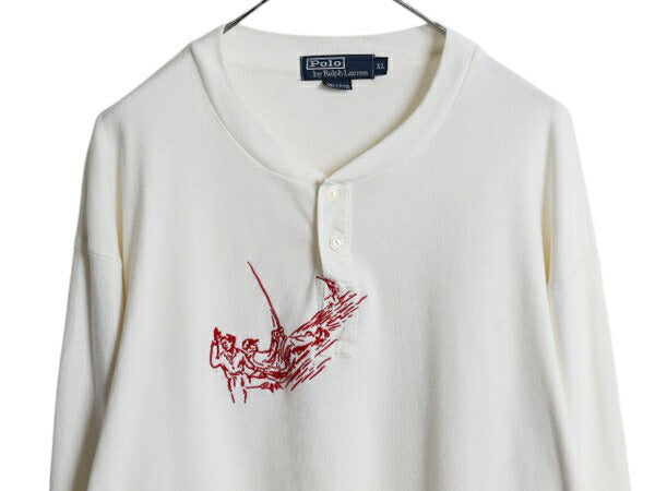 90s ポロ ラルフローレン ヘンリーネック 長袖 Tシャツ メンズ XL / オールド フィッシング 刺繍 リブ編み ヘビーウェイト コットン ロンT