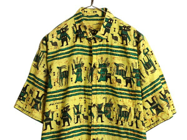 デッドストック 80s 総柄 セットアップ メンズ XL / ヴィンテージ 半袖シャツ ショートパンツ 薄手 コットン アート イラスト 大きいサイズ