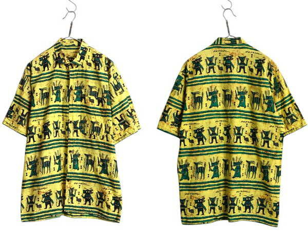 デッドストック 80s 総柄 セットアップ メンズ XL / ヴィンテージ 半袖シャツ ショートパンツ 薄手 コットン アート イラスト 大きいサイズ