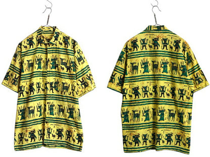 デッドストック 80s 総柄 セットアップ メンズ XL / ヴィンテージ 半袖シャツ ショートパンツ 薄手 コットン アート イラスト 大きいサイズ