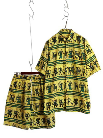 デッドストック 80s 総柄 セットアップ メンズ XL / ヴィンテージ 半袖シャツ ショートパンツ 薄手 コットン アート イラスト 大きいサイズ