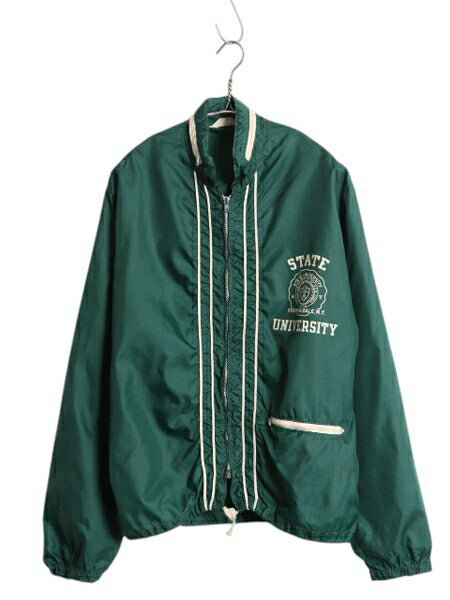 60s USA製 ランタグ チャンピオン ナイロン ジャケット メンズ M 古着 ヴィンテージ カレッジ プリント ワンポイント 薄手 レーシング 緑