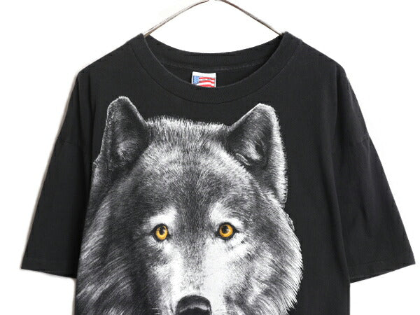 90s USA製 オオカミ 大判 プリント 半袖 Tシャツ メンズ XL 90年代 オールド アニマル 大きいサイズ ビッグプリント Trinity Products 黒
