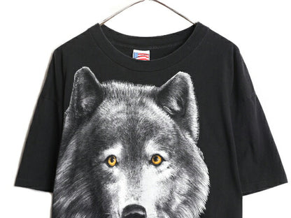 90s USA製 オオカミ 大判 プリント 半袖 Tシャツ メンズ XL 90年代 オールド アニマル 大きいサイズ ビッグプリント Trinity Products 黒