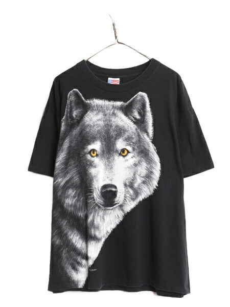 90s USA製 オオカミ 大判 プリント 半袖 Tシャツ メンズ XL 90年代 オールド アニマル 大きいサイズ ビッグプリント Trinity Products 黒