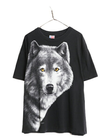 90s USA製 オオカミ 大判 プリント 半袖 Tシャツ メンズ XL 90年代 オールド アニマル 大きいサイズ ビッグプリント Trinity Products 黒