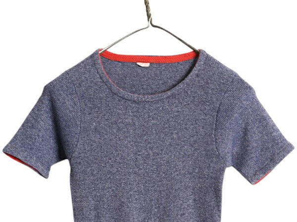 70s クルーネック リブ編み カットソー メンズ XS レディース S 程/ ヴィンテージ ストレッチ 半袖 Tシャツ ニット 無地 シンプル トップス