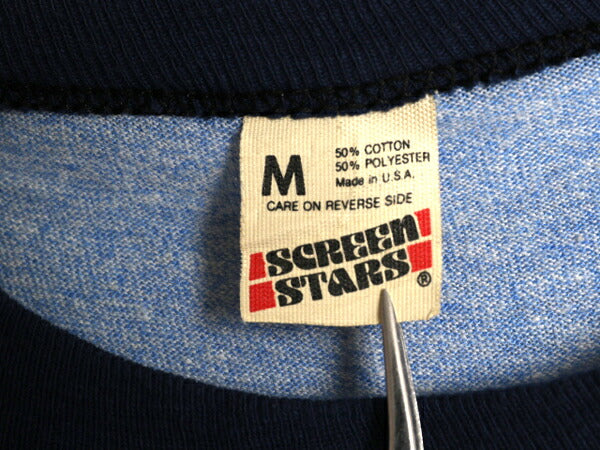 80s USA製 メッセージ 両面 プリント 半袖 リンガー Tシャツ メンズ S レディース M 程/ ヴィンテージ イラスト シングルステッチ 青杢 紺