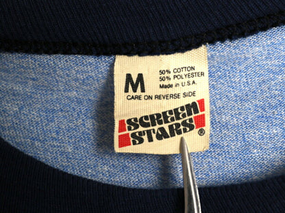 80s USA製 メッセージ 両面 プリント 半袖 リンガー Tシャツ メンズ S レディース M 程/ ヴィンテージ イラスト シングルステッチ 青杢 紺