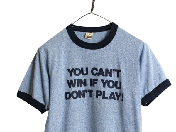 80s USA製 メッセージ 両面 プリント 半袖 リンガー Tシャツ メンズ S レディース M 程/ ヴィンテージ イラスト シングルステッチ 青杢 紺