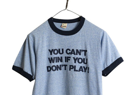 80s USA製 メッセージ 両面 プリント 半袖 リンガー Tシャツ メンズ S レディース M 程/ ヴィンテージ イラスト シングルステッチ 青杢 紺
