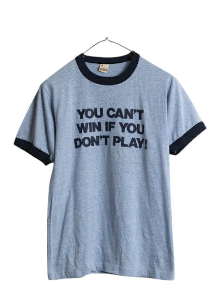 80s USA製 メッセージ 両面 プリント 半袖 リンガー Tシャツ メンズ S レディース M 程/ ヴィンテージ イラスト シングルステッチ 青杢 紺