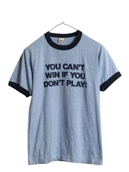 80s USA製 メッセージ 両面 プリント 半袖 リンガー Tシャツ メンズ S レディース M 程/ ヴィンテージ イラスト シングルステッチ 青杢 紺