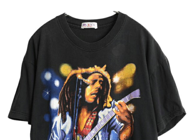 ボブ マーリー 両面 イラスト プリント 半袖 Tシャツ メンズ L 程 レゲエ バンド ジャマイカ ラスタ グラフィック カットソー ゆったり 黒