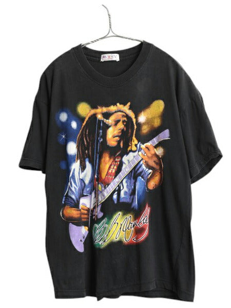 ボブ マーリー 両面 イラスト プリント 半袖 Tシャツ メンズ L 程 レゲエ バンド ジャマイカ ラスタ グラフィック カットソー ゆったり 黒