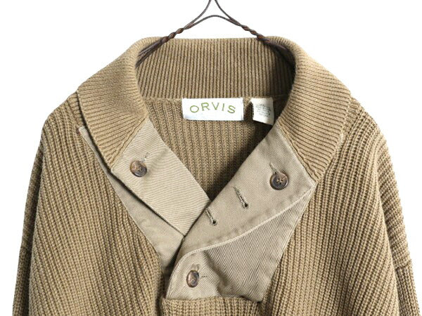 00s オービス ショールカラー コットン ニット セーター メンズ XL オールド ORVIS リブ編み ハンティング エルボーパッチ アウトドア 無地