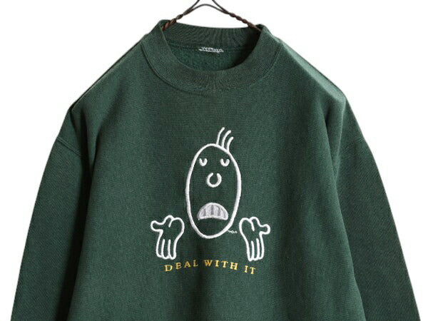 90s アート イラスト 刺繍 スウェット メンズ レディース S 程/ 90年代 オールド 当時物 キャラクター メッセージ 裏起毛 クルーネック 緑